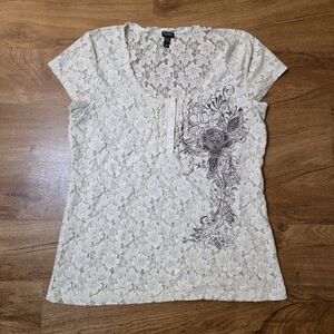 Vintage Y2K Vanity Cream Lace Embellished Short Sleeve Top
